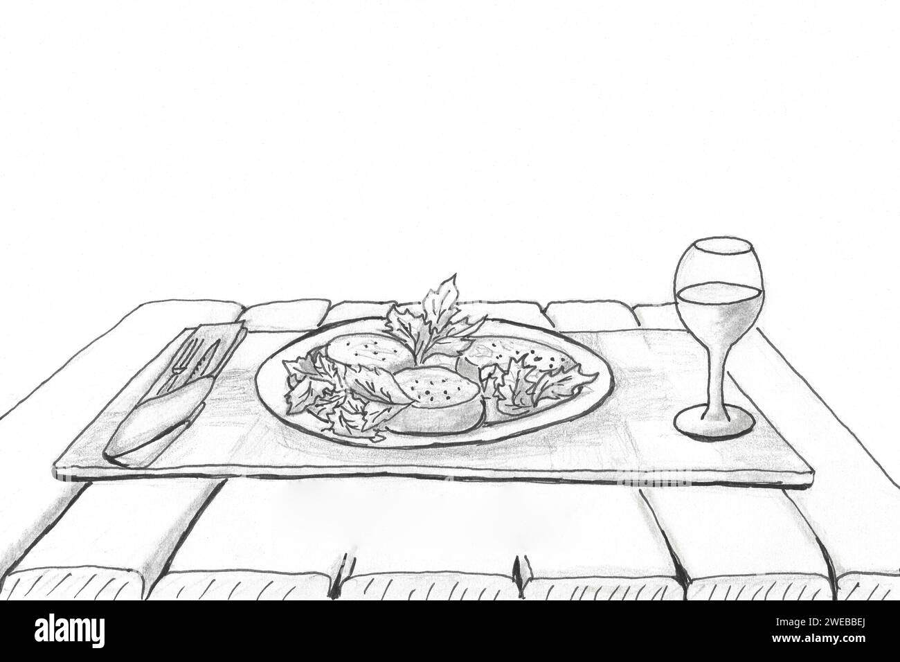 Abstrakte primitive Zeichnung von Lebensmittelkäse und Rukola-Rucola. kugelschreiberskizze. Vereinfachte Zeichnung für die Praxis, die Skizzen in bal veranschaulicht Stockfoto
