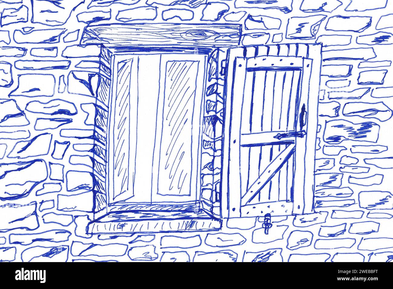 Abstrakte primitive Zeichnung des italienischen casa Villas-Fensters. kugelschreiberskizze. Vereinfachtes Zeichnen für die Praxis, das Skizzieren in Kugelschreiber Stockfoto