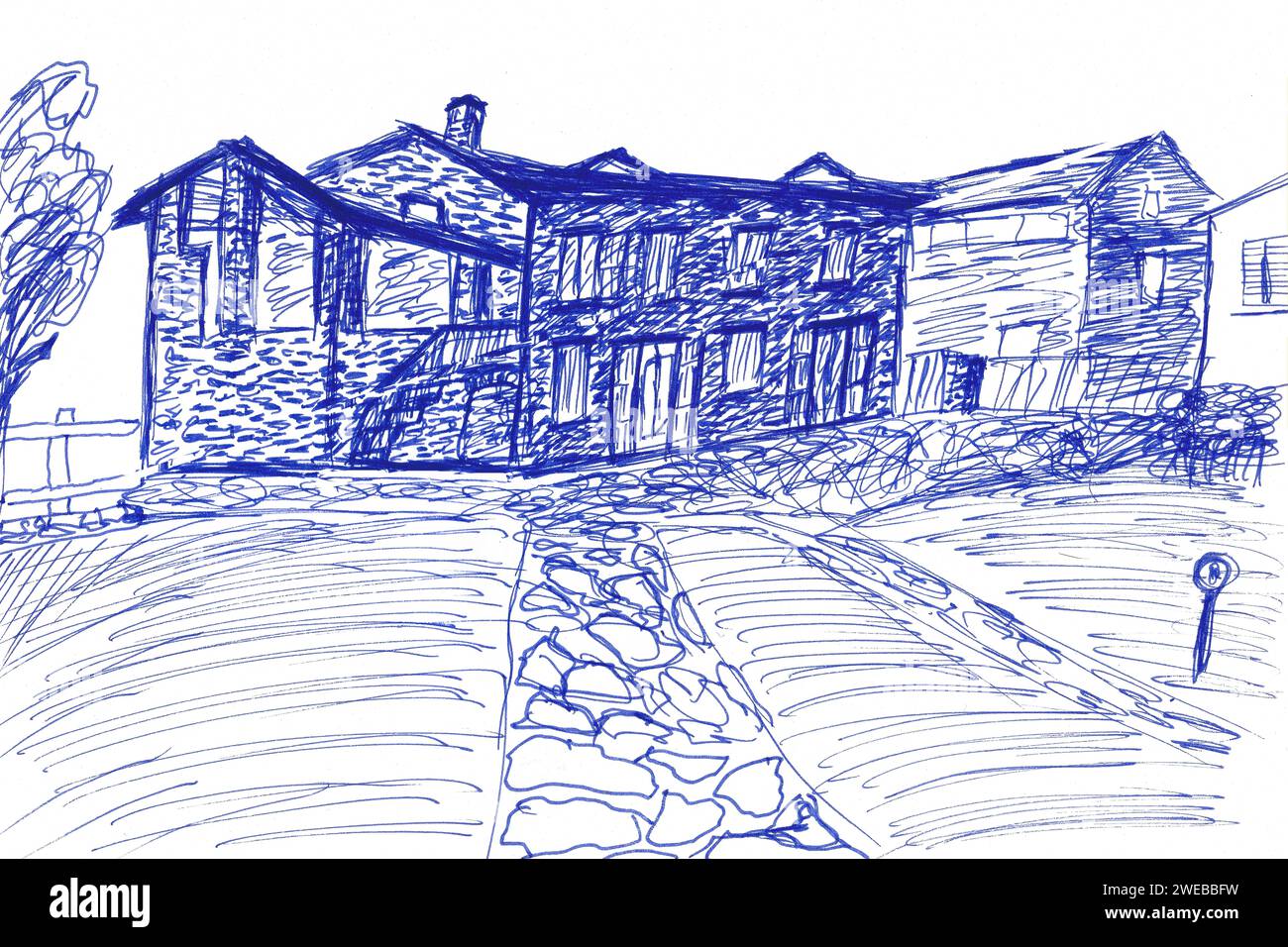 Abstrakte, primitive Zeichnung des italienischen casa Villas. kugelschreiberskizze. Vereinfachtes Zeichnen für die Praxis, das Skizzieren mit Kugelschreiber. Stockfoto