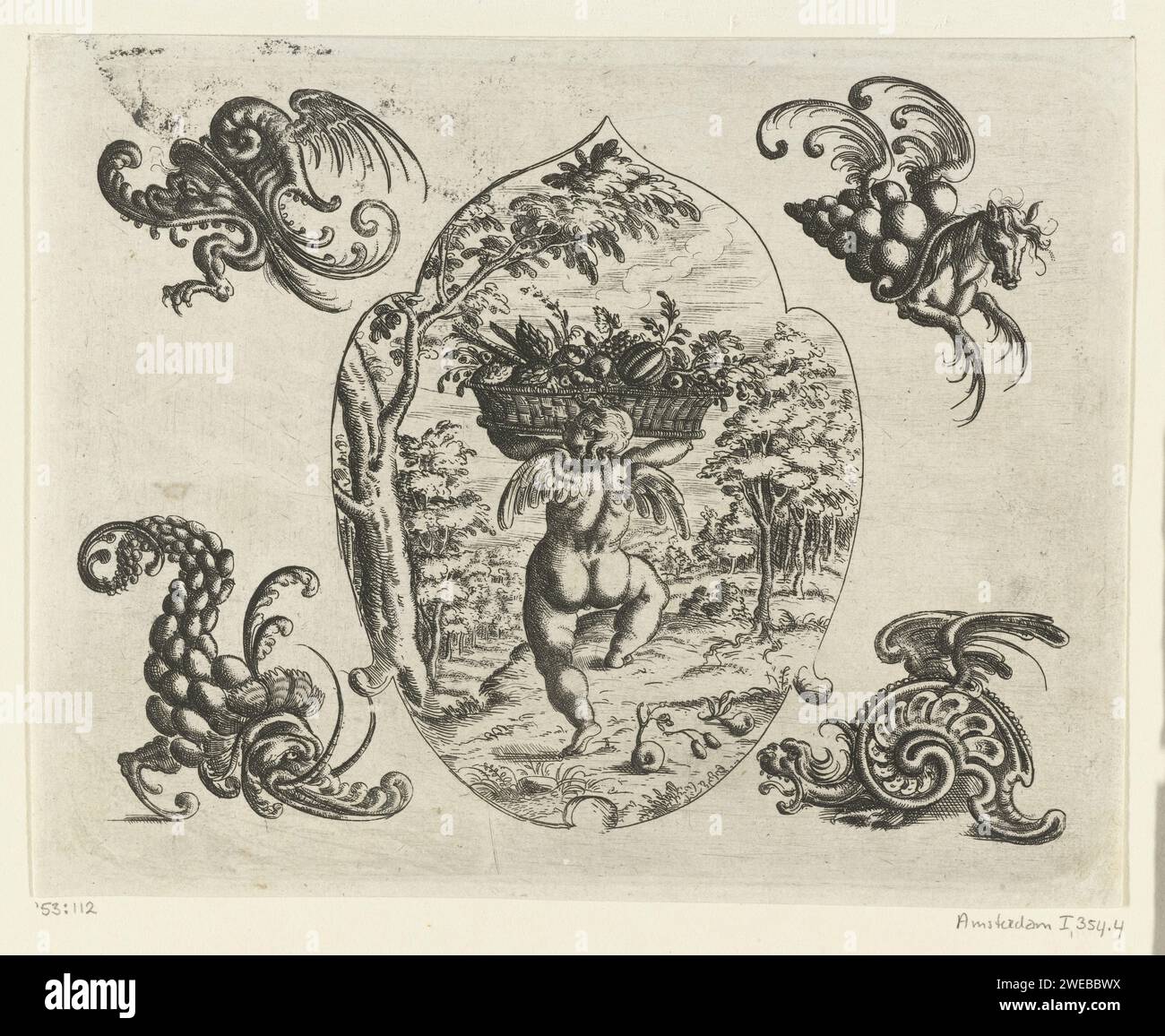 Blattförmiges Ornament mit einem Putto, der einen großen Korb trägt, Christoph Jamnitzer, 1573 - 1610 Druck Blatt aus einer Serie flacher Dekorationen mit Grotesken, Kartuschen, Oval, Mascarons, Putten und fantastischen Kreaturen. Die Serie besteht aus drei Titelzeitschriften, zwei Textzeitschriften mit dem Auftrag und dem Vorwort sowie 60 Zeitschriften, die auf drei Bücher verteilt sind. Deutschland (möglicherweise) Papierätzung Stockfoto