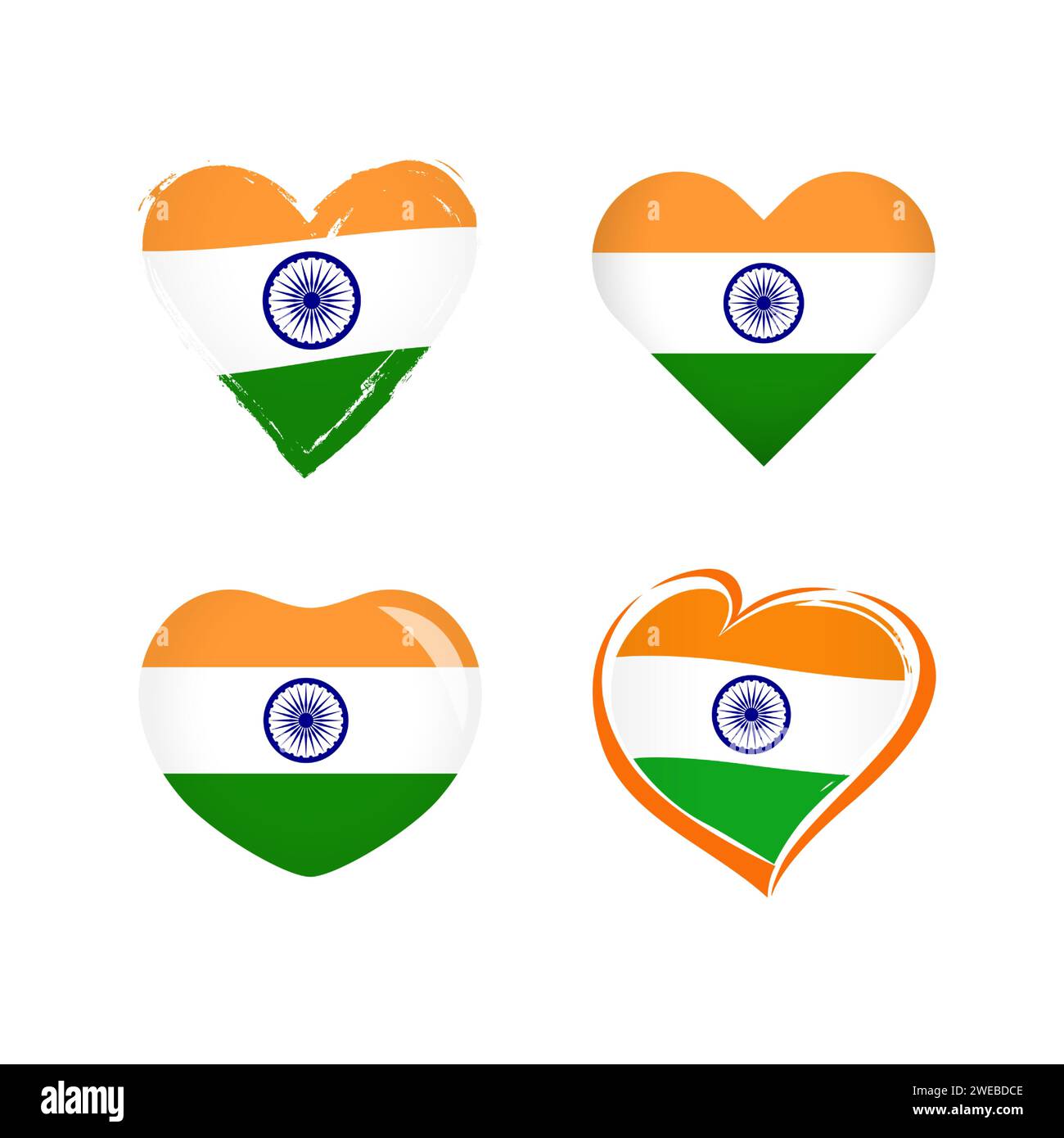 Set kreativer Herzsymbole mit indischer Flagge. Sammlung grafischer Symbole. Willkommen in Indien, willkommen in Delhi Touristenschild. Sport- oder Reiselogo Stock Vektor