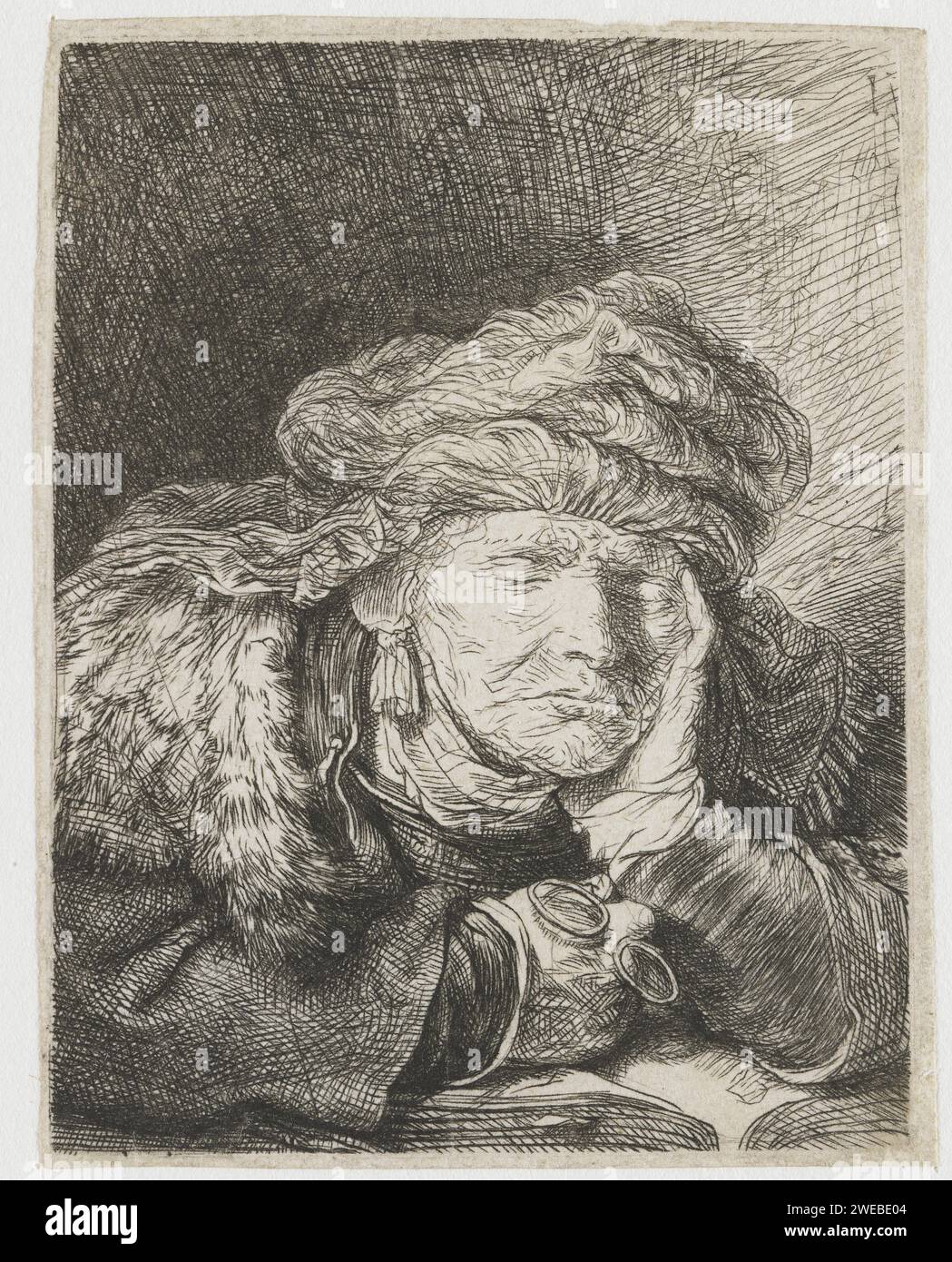 Alte Frau schlafend, Rembrandt van Rijn, ca. 1636 Druckpapier ätzend schlafend; Bewusstlosigkeit Stockfoto