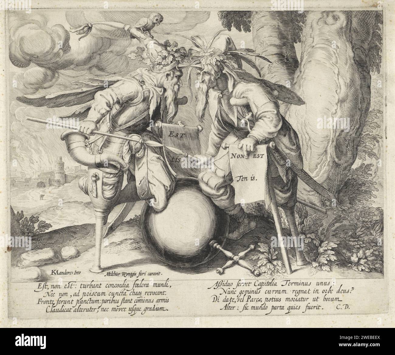 Unheil in der Welt, Jacques de Gheyn (II) (zugeschrieben), nach Karel van Mander (I), 1558–1626 drucken zwei mit stechenden Waffen bewaffnete Knistern stehen einander gegenüber. Mit ihren Beinen stützen sie sich auf ein kugelförmiges Objekt mit einem Kreuz, möglicherweise den Regierungsapfel als Symbol der Welt. Beide tragen spitze Kopfbedeckungen mit Blättern. Da ist eine Eule auf der Kopfabdeckung des linken Mannes. Die bärtigen Männer halten ein Schreibbuch. Auf der linken Seite befindet sich eine brennende Stadt. Unten eine achtzeilige moralistische Unterschrift in lateinischer Sprache. Druckerei: Nord-Niederlande Design von: Low CountriesPublisher: Lo Stockfoto