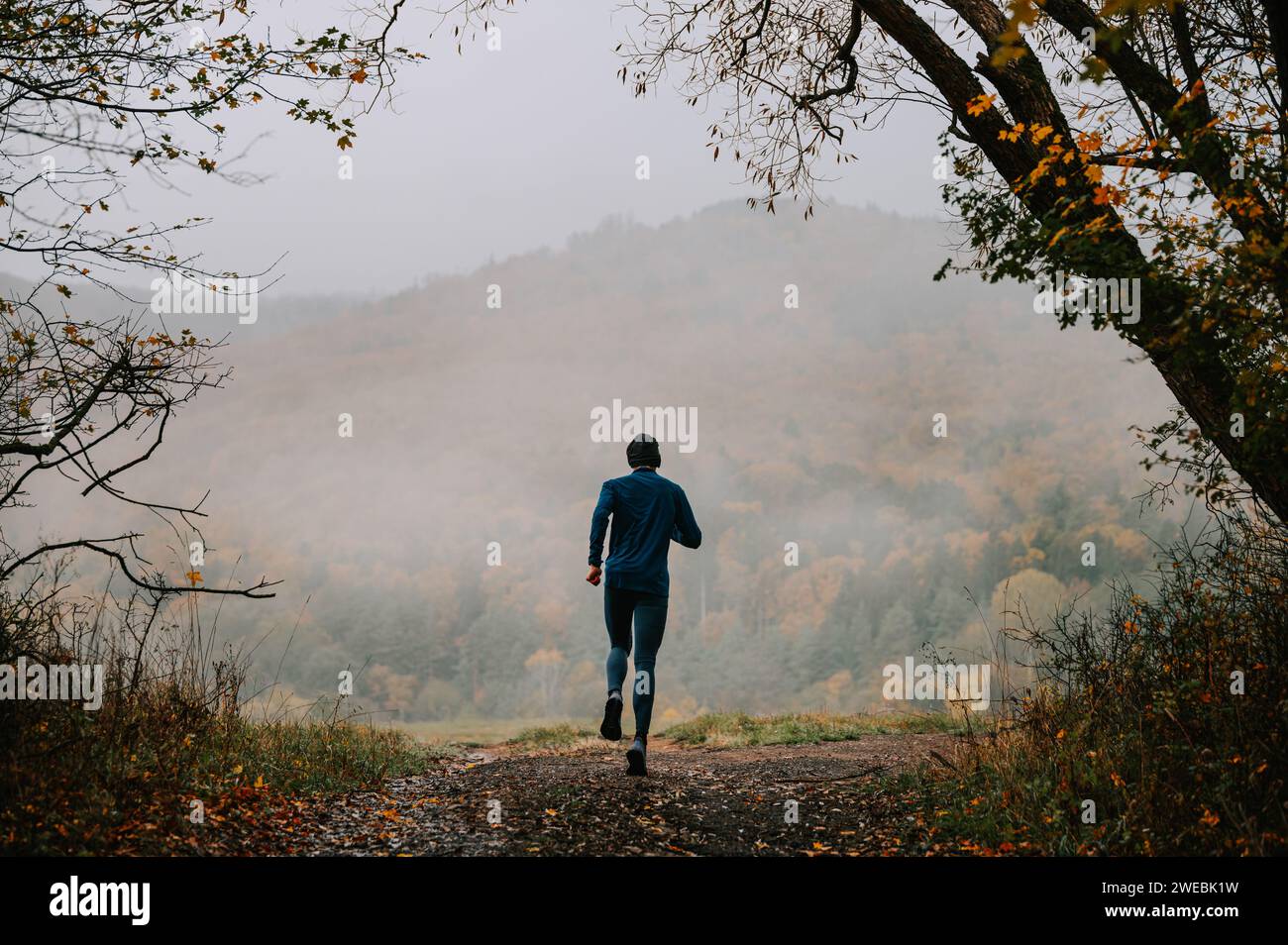 Eine graue Herbstpalette umgibt einen ruhigen Young Trail Runner Stockfoto