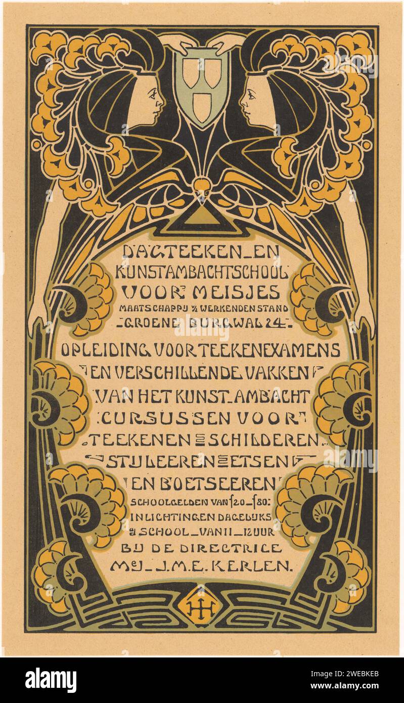 Poster für die Tagesschildschule und Kunstgewerbeschule für Mädchen in Amsterdam, Herman Hana, 1884 - 1913 Druck. Plakat ein Werbetext für die Tagesschildschule und Kunsthandwerkschule für Mädchen in Amsterdam, umgeben von einem rechteckigen Rahmen mit Blumen, zwei Frauen, die ein Wappen zusammenhalten, und einem Vogel, der ein Dreieck im Schnabel trägt. Papierblumen  Ornament. Kopf seitwärts gedreht - AA - weibliche menschliche Figur. Vögel Stockfoto