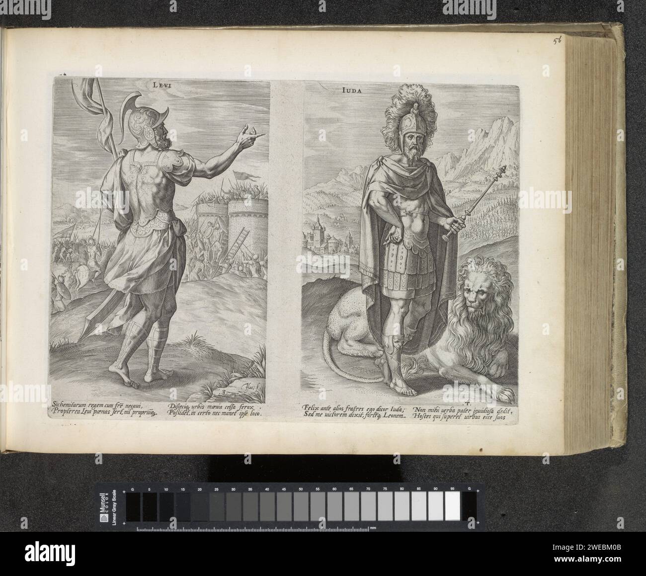 Vorfahren Levi und Juda, 1643 Druck links Vorfahren Levi, der dritte Sohn Jakobs, in Rüstung. Im Hintergrund die Belagerung der Stadt Sichem, die Levi zusammen mit Simeon als Rache für die Onteren ihrer Schwester Dina zerstörte. Auf der rechten Seite ist Juda, der vierte Sohn Jakobs, in Rüstung. An seiner Seite ein Löwe, ein Verweis auf den Vergleich, den sein Vater Jakob zwischen Juda und einem Löwen gemacht hat. Unter den Darbietungen ist ein lateinischer Hinweis auf den Bibeltext. Dieser Ausdruck ist Teil eines Albums. Druckerei: Antwerpen: Amsterdamer Papierstich. Stockfoto