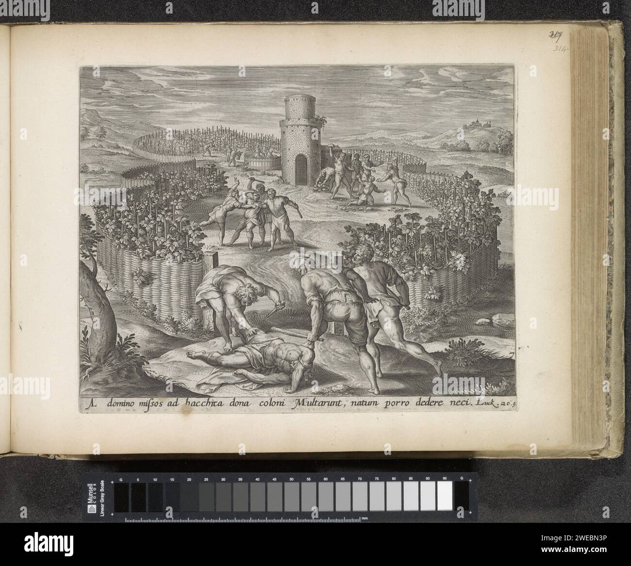 Gleichnis von den bösen Winzern, 1643 Druck in einem umzäunten Weinberg, Weinkulturen töten die Bediensteten des Besitzers des Weinbergs. Die Diener kamen, um den Teil der Ernte abzuholen, auf den der Besitzer Anspruch hatte. Wenn seine Diener nicht zurückkommen, beschließt der Besitzer, seinen Sohn zu schicken. Sein Sohn wird weggeworfen und im Vordergrund von den Pächtern getötet. Unter der Ausstellung ist ein lateinischer Hinweis auf den Bibeltext in Luc zu sehen. 20: 9. Dieser Ausdruck ist Teil eines Albums. Amsterdamer Papier, in dem die bösen Landsleute die Diener des Herrn töten, die geschickt werden, um die Früchte zu sammeln. Endlich schickt der Herr seinen Sohn... Sie Stockfoto