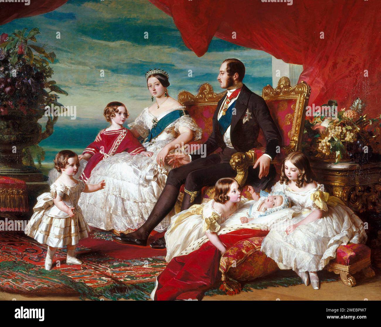 Königin Victoria und Prinz Albert's Familie 1846, von links nach rechts: Prinz Alfred, Prinz von Wales; Königin Victoria; Prinz Albert; Prinzessinnen Alice, Helena und Victoria, Gemälde von Franz Xaver Winterhalter Stockfoto