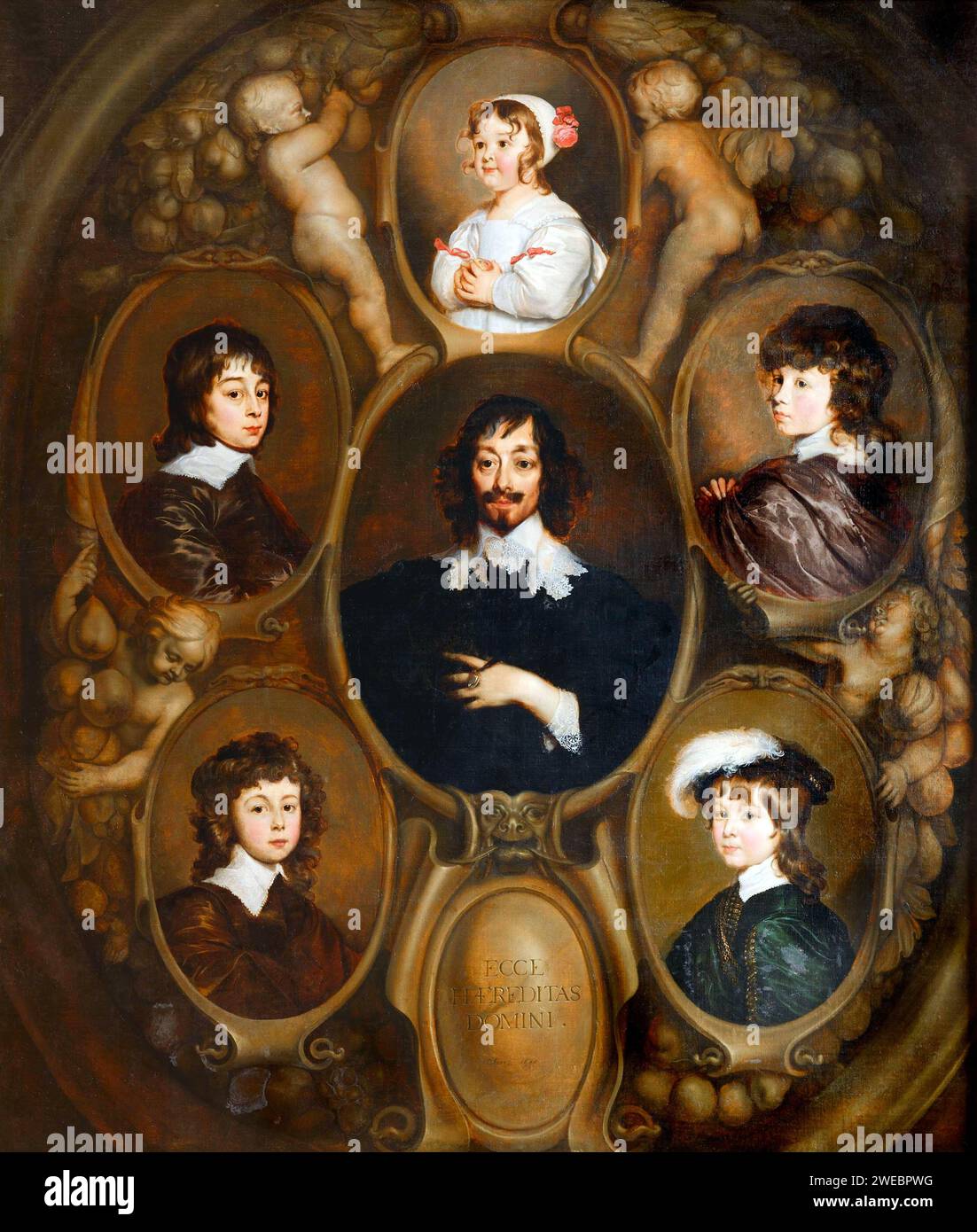 Constantijn Huygens und seine Kinder von Adriaen Hanneman seine fünf Kinder Constantijn II (R.; 1628-1697), Christiaen (B.l.; 1629-1695), Lodewijk (B.r.; 1631-1699), Philips (l.;1633-1699) und Suzanne (s.c.; 1637-1725) Stockfoto