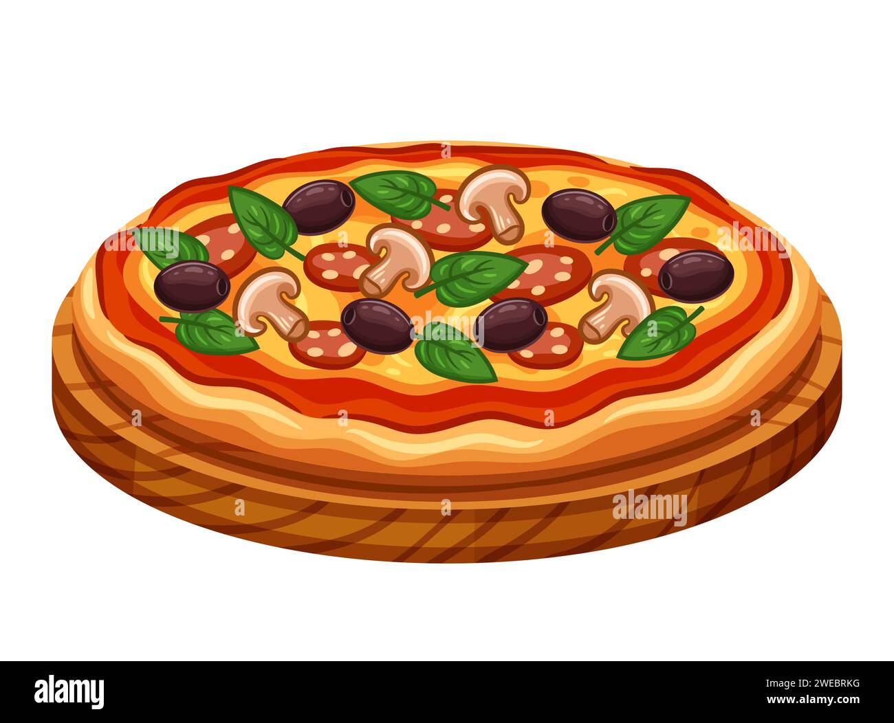 Italienische Pizza, Fast Food, frische Pizzeria mit Käse, Wurst, Tomaten auf dem Tablett Symbol. Italienisches kulinarisches warmes Mittagsmenü. Cartoon-Vektor Stock Vektor