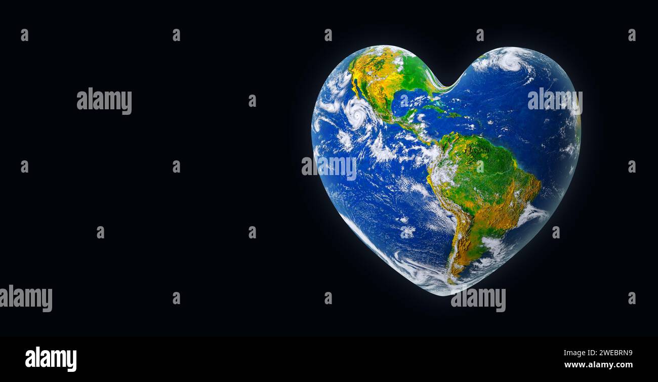 Erde in der Form eines Herzens, Ökologie und Umweltkonzept, Elemente dieses Bildes von der NASA auf schwarzem Hintergrund bereitgestellt Stockfoto