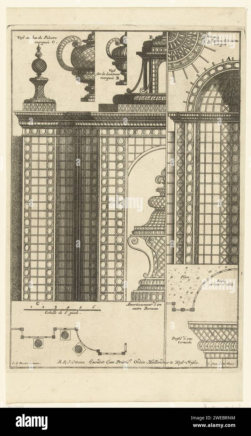 Hälfte Latwerkpaviljoen mit Details, Cornelis Danckerts (II), nach Pierre Lepautre, 1750–1765 Druck mit Rebellion und Plan. Aus 6 Zeitschriften, später als die Serie mit Latwerk-Pavillons von Justus Danckerts. Dritter Druck. Papierätzung Stockfoto