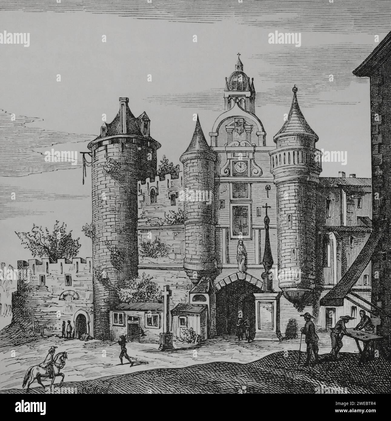 Paris, Frankreich. Grand Châtelet. Festung, erbaut von König Ludwig VI. (1081–1137) am rechten Ufer der seine. Es wurde nach den normannischen Einfällen in Stein wiederaufgebaut. Nachdem die Festung verworfen wurde, wurde sie zum Hauptquartier des Pariser Provosten, in dem Gefängnisse und Folterkammern untergebracht waren. Sie wurde 1808 auf Befehl Napoleons abgerissen. Hauptfassade. Faksimile nach einem Stich von Matthäus Merian in Topographia Galliae von Martin Zeiler. Veröffentlicht In Frankfurt, 1655. "Moeurs, usages et Kostüumes au moyen-âge et à l'époque de la Renaissance" von Paul Lacroix. Paris, 1878. Stockfoto