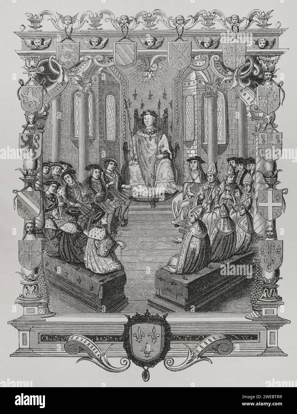 Karl III., Herzog von Bourbon (1490–1527). Französischer Adliger und Militärführer. Prozess gegen den Constabler von Bourbon vor dem Gericht von Peers of France, 1523. Stich aus dem 19. Jahrhundert nach der „La Monarchie Francoise“ von Bernard de Montfaucon (1655-1741). Veröffentlicht in Paris, 1729. "Moeurs, usages et Kostüumes au moyen-âge et à l'époque de la Renaissance" von Paul Lacroix. Paris, 1878. Stockfoto