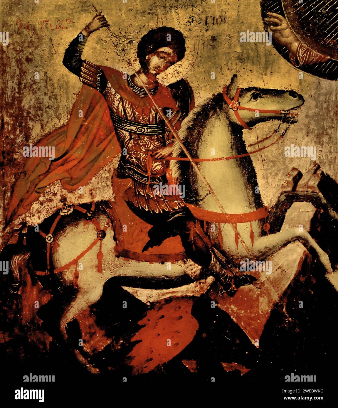 Ikone von St. Georg, dem Drachenjäger auf dem Pferd, Maler Angelos. Benaki-Museum aus dem 15. Jahrhundert Athen Griechenland. Stockfoto