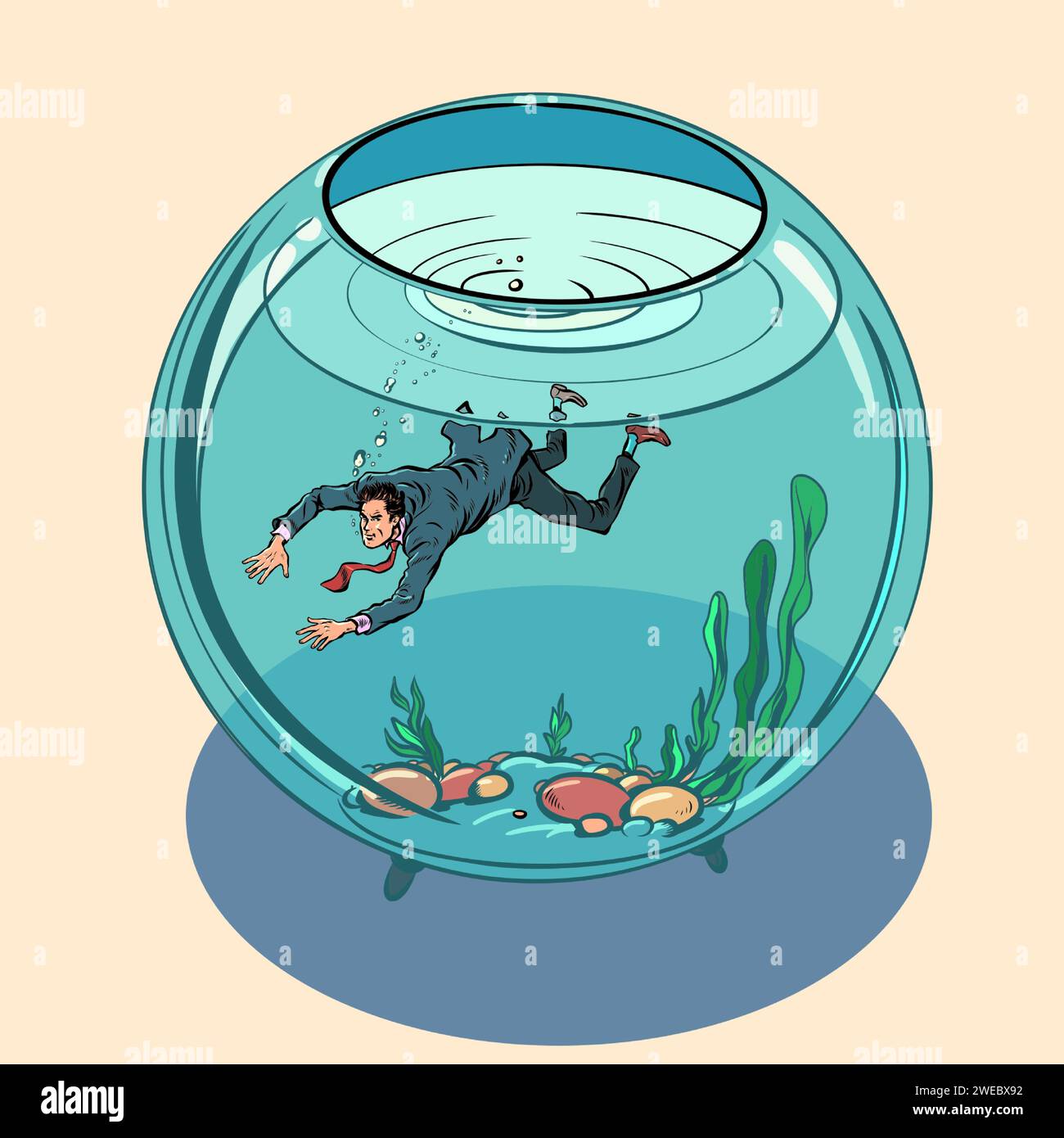Ersticken von der Arbeitsleistung im Büro. Harte Arbeitstage ohne Ruhe. Ein Mann im Anzug schwimmt in einem Aquarium. Pop Art Retro Vektor Illustration Stock Vektor