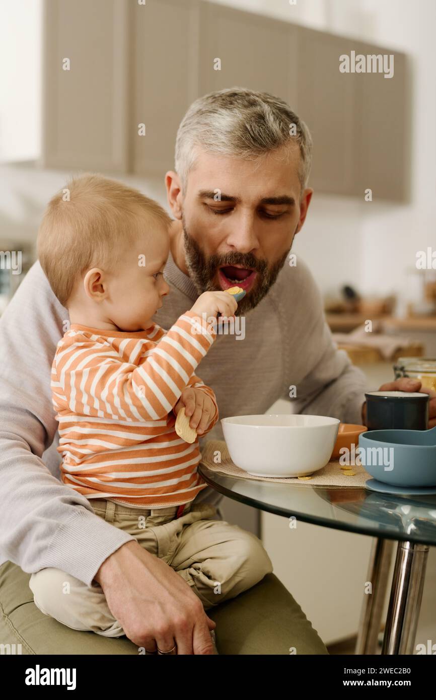 Entzückender Junge, der beim Frühstück einen Löffel mit Cornflakes in den Mund des Vaters steckt, während er auf den Knien an einem kleinen Tisch mit Schüsseln sitzt Stockfoto