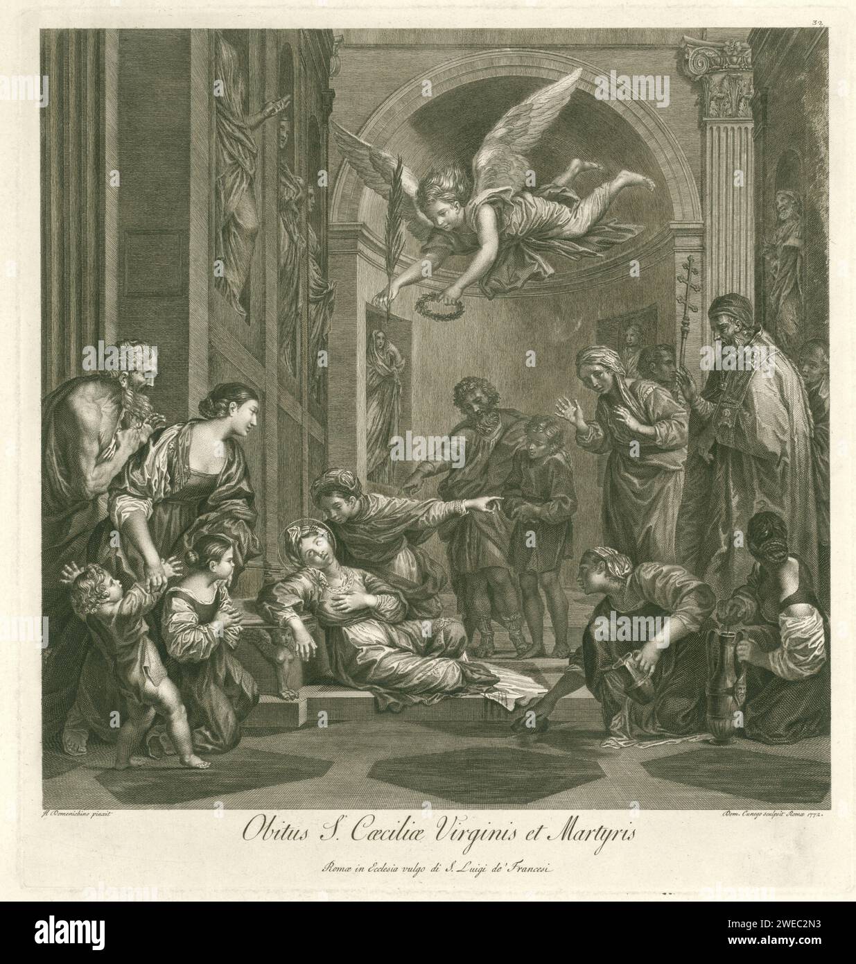 Dood Van de Heilige Cecilia, Domenico Cunego, nach Domenichino, 1772 Druck die heilige Cecilia, mit drei Wunden im Hals, stirbt auf dem Boden einer Kirche. Sie ist umgeben von Männern und Frauen, die zuschauen. Über ihrem Kopf schwimmt ein Engel mit Lorbeerkranz und Palmenzweig. Auf der rechten Seite ist ein Bischof. Rom-Papier mit Gravur des jungfräulichen Märtyrers Cecilia von Rom; mögliche Attribute: falke, Musikinstrumente, Orgel, Rosen- und Lilienkranz. Tod von Cecilia: Sie legt sich mit drei Wunden im Nacken hin Stockfoto