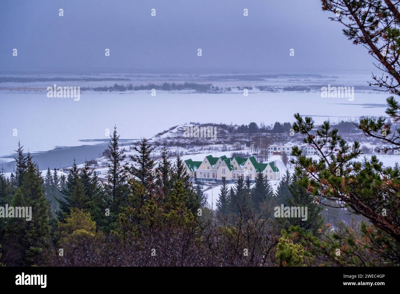 Blick auf das Gästehaus Héraðsskólinn, Laugarvatn, Süd-Island Stockfoto