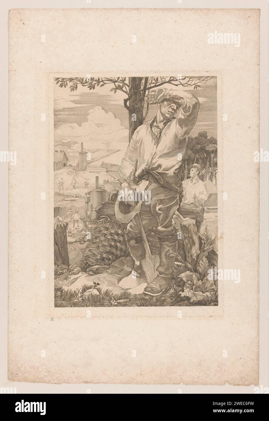 Arbeiter, der Schweiß von der Stirn fegt, Johannes Josephus Aarts, 1881–1934 drucken Ein stehender Mann wischt sich mit der linken Hand unter dem Arm entlang der Stirn. Er hält seinen Hut in der rechten Hand. Hinter ihm sechs weitere Arbeiter, einige Maschinen und Bäume in einer hügeligen Landschaft. Papiergravur Arbeiter, Arbeiter. Schwitzen, Schwitzen. Ruhezustand - BB - außerhalb der Türen Stockfoto