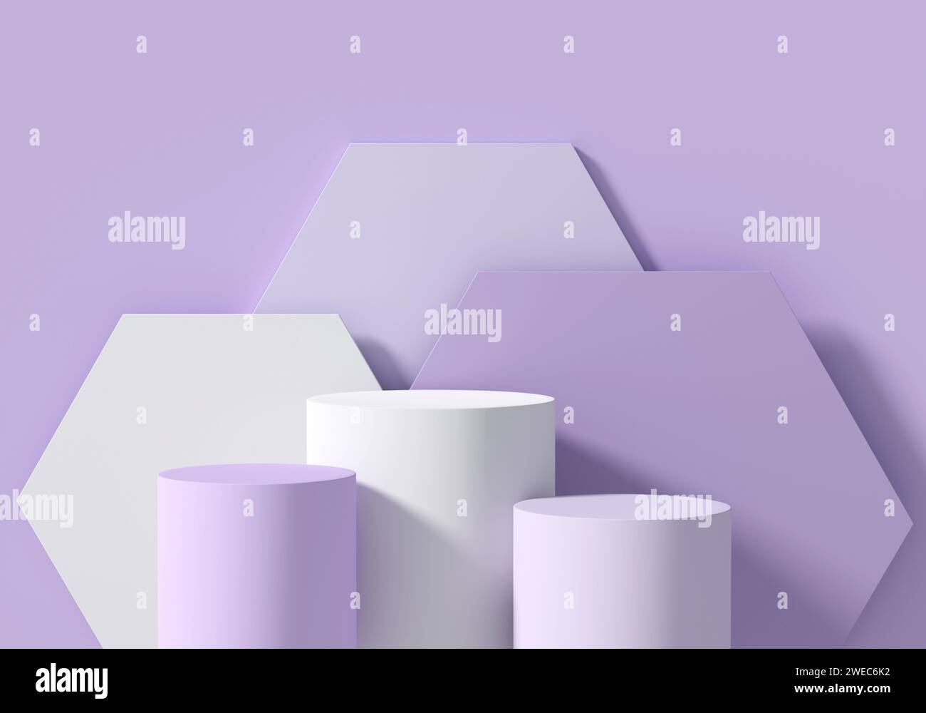 Podeste auf violettem Hintergrund. Leere Podiumsplattformen. 3D-Rendering. Platz für Werbeaktionen und Produkte Stockfoto