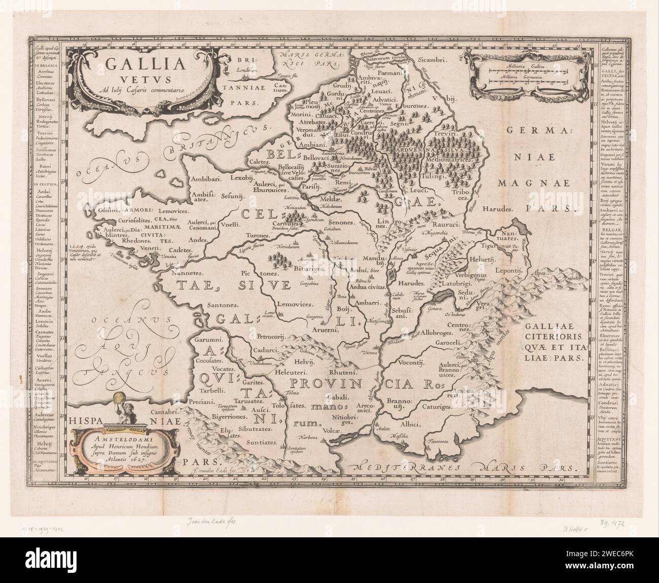 Karte des alten Galliens, 1627, Josua van den Enden, 1627 drucken Karte des alten Galliens. Links oben befindet sich eine Kartusche mit dem Titel „Gallia Vetus“. Oben rechts stecken zwei Skalen in eine Kartusche. Um eine Gradverteilung herum. Amsterdam Papier Gravur / Ätzen Karten von verschiedenen Ländern oder Regionen Frankreich Stockfoto