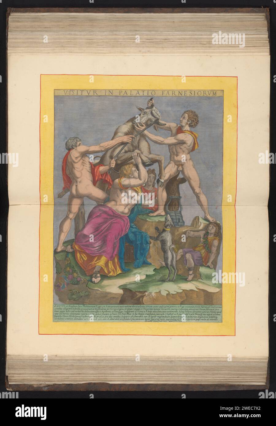 Dirce ist an einen Stier gebunden, Anonym, 1693–1717 Druck antike Skulptur, bekannt als der Farnese Bulle. Die Brüder Amphion und Stehus binden das geflochtene Haar von Dirce an die Hörner eines Stiers. Titel in lateinischer Sprache in Bovenmarge. Sechs Textregeln in lateinischer Sprache am Ende. Drucken ist Teil eines Albums. Druckerei: Italien Verlag: RomeThe Haager Papierätzung Amphion und Zethus rächen ihre Mutter, indem sie Dirce an die Hörner eines Stiers binden. Skulptur, Reproduktion einer Skulptur Stockfoto