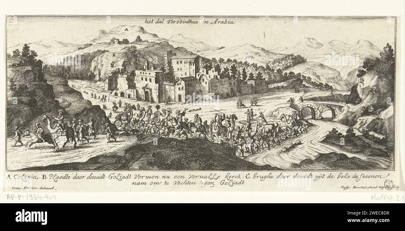 Blick auf das Tal von Elaah, Gaspar Bouttats, nach Jan Peeters (I), 1672 drucken Ansicht des Elah-Tals mit einigen Orten, die mit dem Kampf zwischen David und Goliat verbunden sind (1. Samuel 17). Eine Karawane durchquert das Tal. Der Ausdruck hat eine niederländische Beschriftung mit Verweisen auf die Stellen auf dem Druck. Antwerpener Papierätzer, Tal. Die Armeen der Israeliten und der Philister stehen einander gegenüber im Tal Elahs  Geschichte von David und Goliath Dal van elai Stockfoto