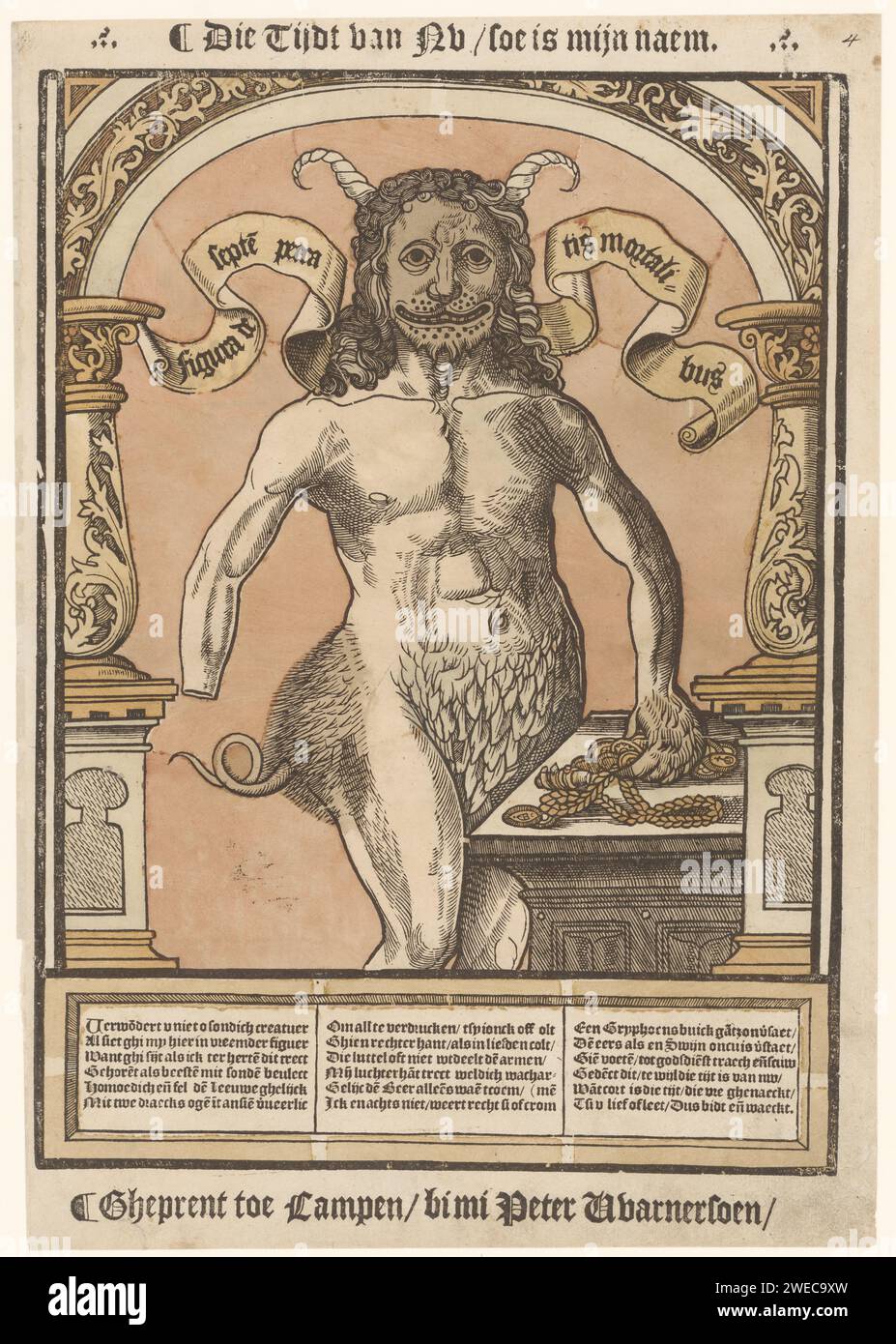 The Sieben Call, Anonym, 1540–1567 Druck Teufelsfigur, bestehend aus Körperteilen verschiedener Tiere, als Personifikation der sieben tödlichen Sünden. In einer Nische stehen. Der Leeuwekop symbolisiert den Stolz, die Drachenaugen stehen vor dem Zorn, das Fehlen der rechten Hand bezieht sich auf die Geiz und der Boden eines Wildschweins ist die Unkeuschheit. Auf beiden Seiten des Kopfes steht der Text Figura der Septe Peccatis Mortalibus. Die Art und Weise, in der die Probe präsentiert wurde, ist teilweise auf ein Gedicht von Hans Sachs zurückzuführen: „Der Eygennutz, das Grewlich thier“, 1535. Unten in Niederländisch in drei Spalten. Druckmaschine: Niedrig Co Stockfoto