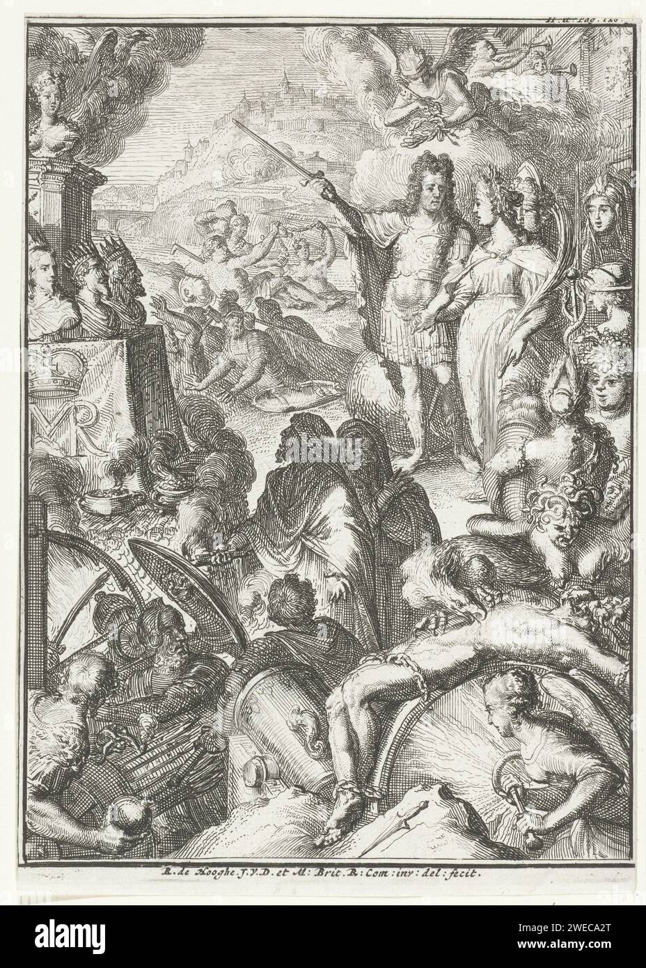 Illustration für Teil 2 von "Wilhem dem Dritten, durch Gottes Gnade, König von England, Schottland, Vrankrijk und Irland, Protektor of Faith' von Lukas Rotgans, Romeyn de Hooghe, 1700 Druck Stadholder Wilhelm III. und seine Frau Maria II. sind Hand in Hand inmitten von mythischen Figuren, wie Prometheus (im Vordergrund angekettet), Neid (mit Schlangenhaaren), Ceres (mit Horn der Fülle), Bacchus (mit Weinreben) und Quecksilber (mit Caduceus). Die Soldaten waren bei einer Kanone. Haarlem Papier, das einen Adler ätzt, Tränen an Prometheus' Leber. Invidia (Neid) als römische Personifikation. (Story of) Ceres (Demeter). (stor Stockfoto