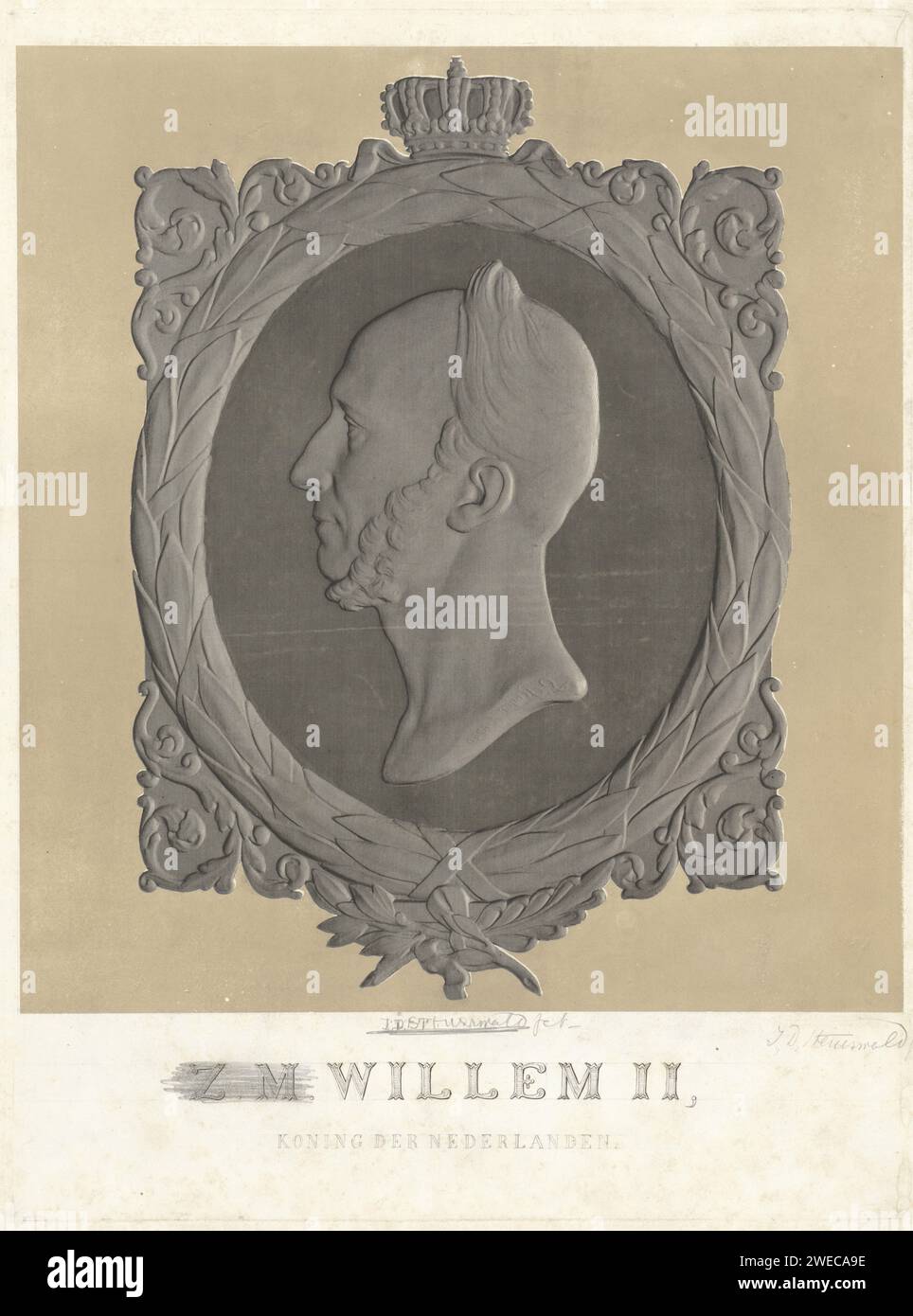 Porträt von Willem II., König der Niederlande, Jan Dam Steuerwald, nach Louis Royer, 1840–1842 Druck Porträt von Willem II., König der Niederlande, im Profil. Um die Show herum ein gekrönter Rahmen bestehend aus einem Lorbeerkranz. Das Haager Papier. Bleistiftätzung / Stahlgravur König Stockfoto