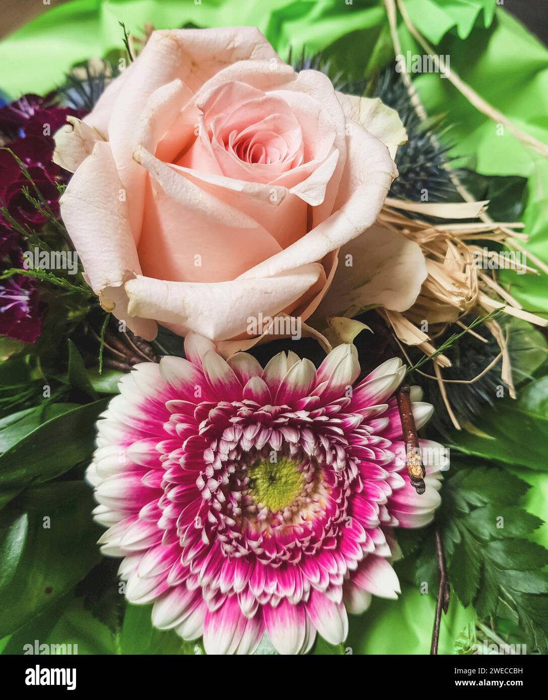 Buntes Bouquet mit Gerbera und Rosen Stockfoto
