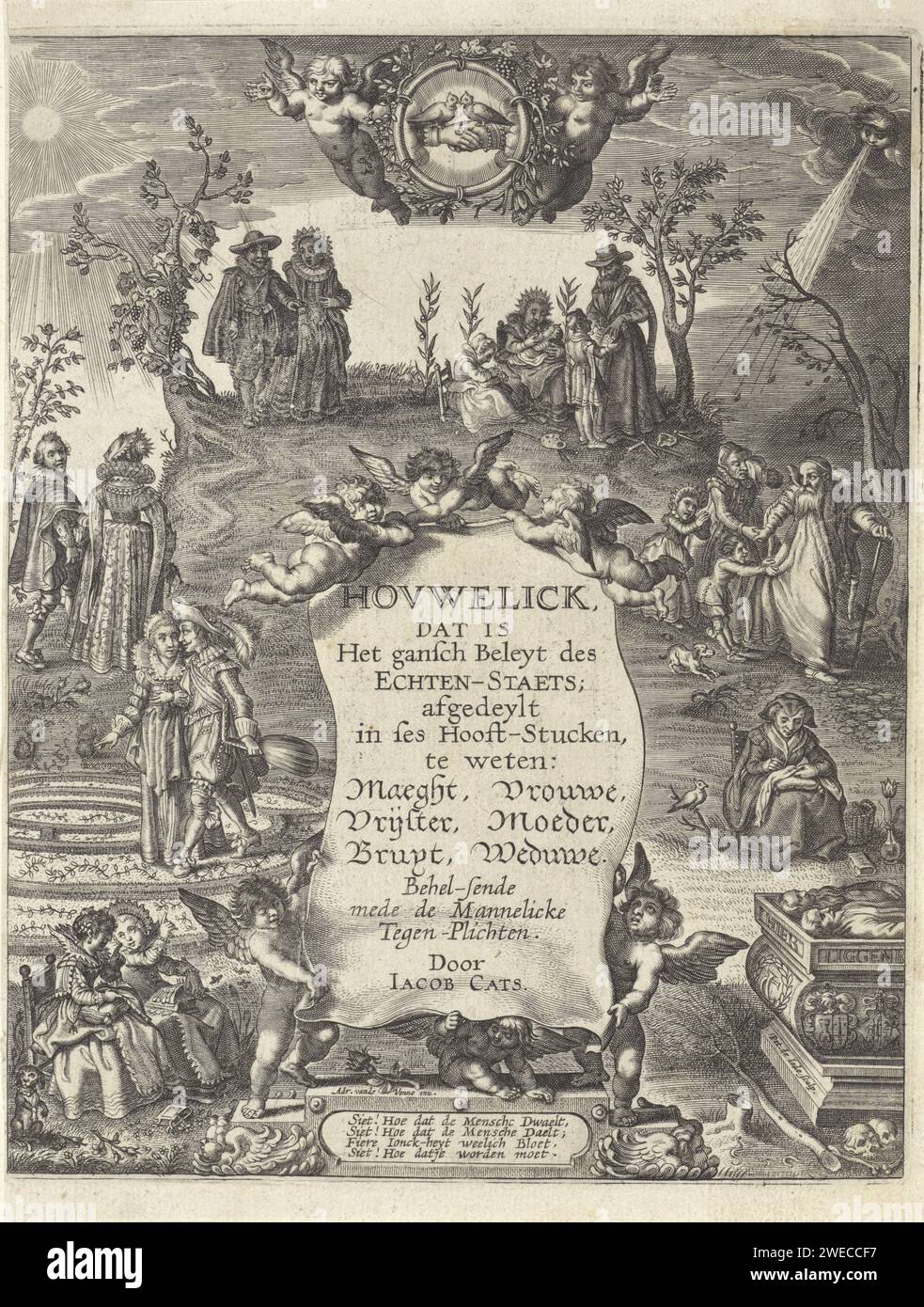 Acht Phasen des menschlichen Lebens, Pieter de Jode (I), nach Adriaen Pietersz van de Venne, 1625 - 1635 drucken menschliches Leben in acht Phasen: Von der Jugend (links) über das Erwachsenenalter und die Erziehung (Mitte) bis zum Alter und Tod (rechts). In der Mitte der Titel auf einem Blatt, das von Putti gehalten wird. In der Mitte eines Medaillons, gehalten von zwei Putten, auf denen zwei Tauben und zwei Hände miteinander verflochten sind, als Symbol für Eendracht und Ehe. Middelburger Papierätzung / Gravur des Zeitalters des Menschen dargestellt durch eine Treppe (+ Variante). Das menschliche Leben ist in Stufen unterteilt Stockfoto