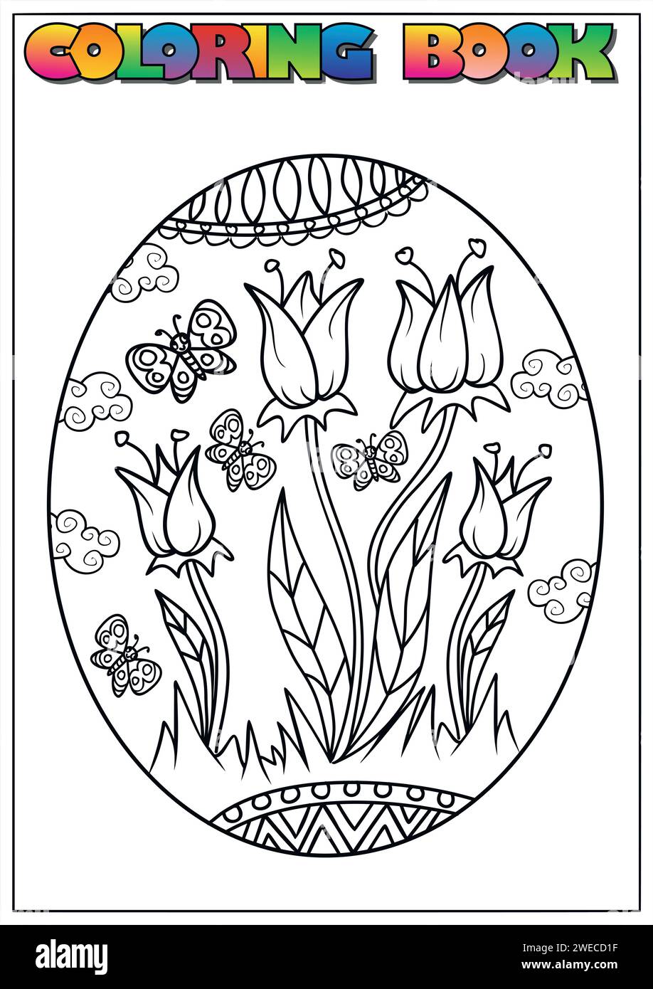 Kindermalbuch zu Ostern, ein großes Ei mit Blumen und Schmetterlingen Stock Vektor