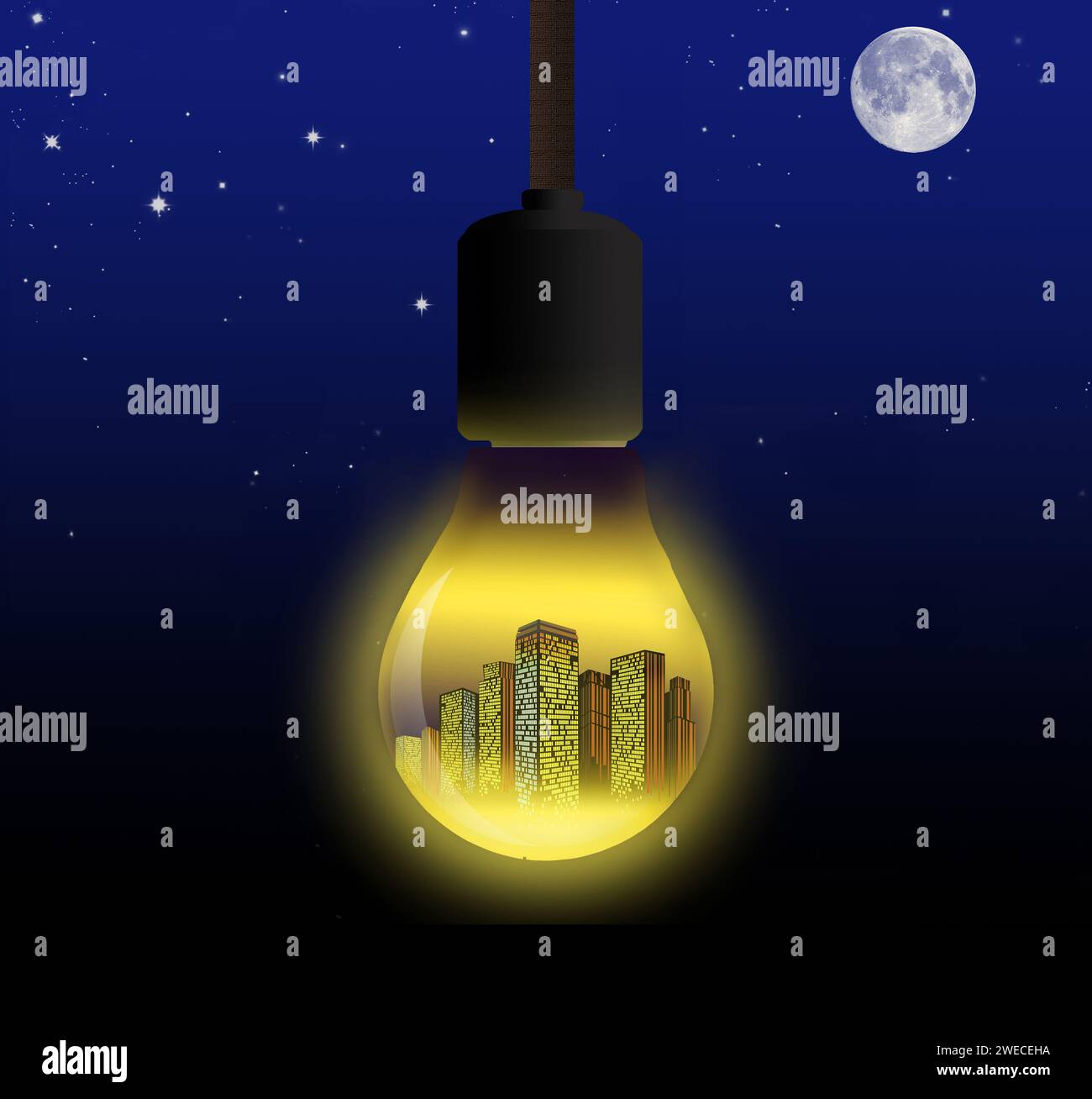 Eine Stadt in einer Glühbirne wird nachts in einer 3D-Illustration über das Stromnetz gesehen, das den Stromfluss in den USA aufrechterhält. Stockfoto