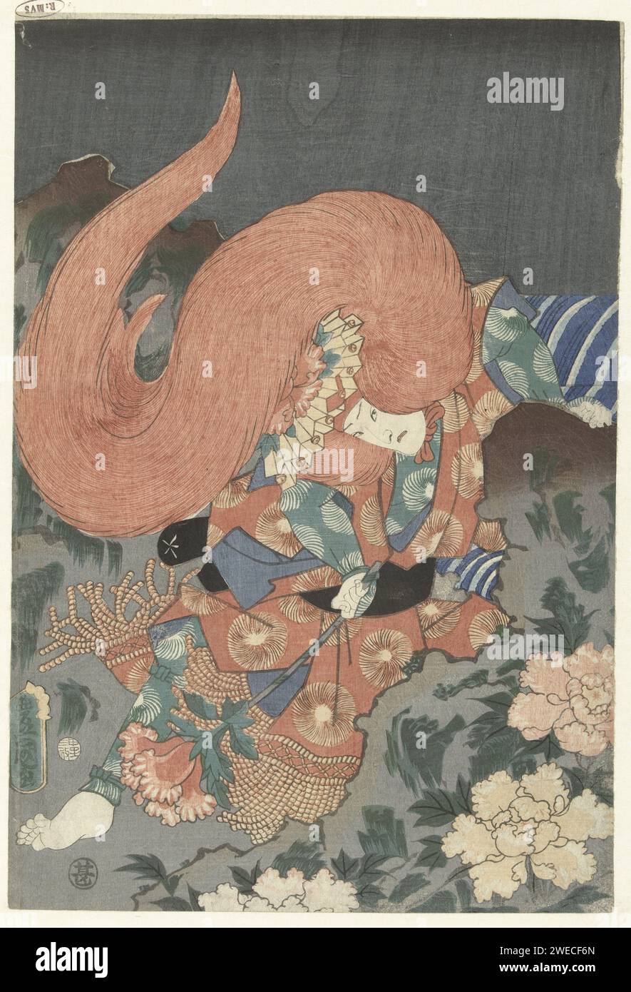 Acteur als Leeuwendanser, Utagawa Kunisada (I), 1860 Printdarsteller mit großer roter Perücke, barfuß ein Löwentanzleiter zwischen Felsen, die mit Pfingstrosen bewachsen sind; nachts. Japan Papier nishiki-e / Farbholzschnitt Porträt des Schauspielers, Schauspielerin. Haltungen der menschlichen Figur. Perücke Stockfoto