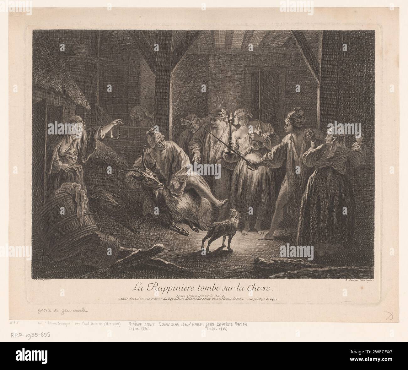 Der Mann fällt auf eine Ziege, Louis Surugue, nach Jean Baptiste Francois Pater, 1730 Druckerei in einem Stall, einschließlich eines Mannes, der auf den Rücken einer Ziege fällt. Ein anderer Mann zieht ihm sein Schwert zu. Verlag: ParisFrance Papiergravur / Ätzduelling. Ziege. (SCARRON, ROMAN COMIQUE) spezifische Werke der Literatur (mit AUTOR, Titel) Stockfoto