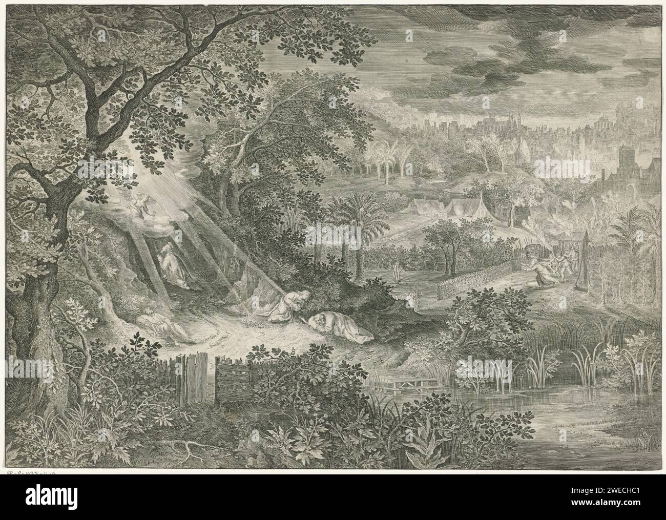 Landschaft mit Christus im Hof van Gethsemane, Jan van Londerseel, nach David Vinckboons, 1580–1625 Druck in einer weiten Landschaft, Christus betet kniend auf dem Ölberg und schaut in den Himmel, wo ein Engel in einer Vision erschien. Auf dem Boden hinter Christus schlafen die drei Jünger Petrus, Jakobus und Johannes. Judas nähert sich rechts, gefolgt von einer Gruppe Soldaten. Papier, das Christi Gebet im Garten Getsemani während der Nacht graviert Stockfoto