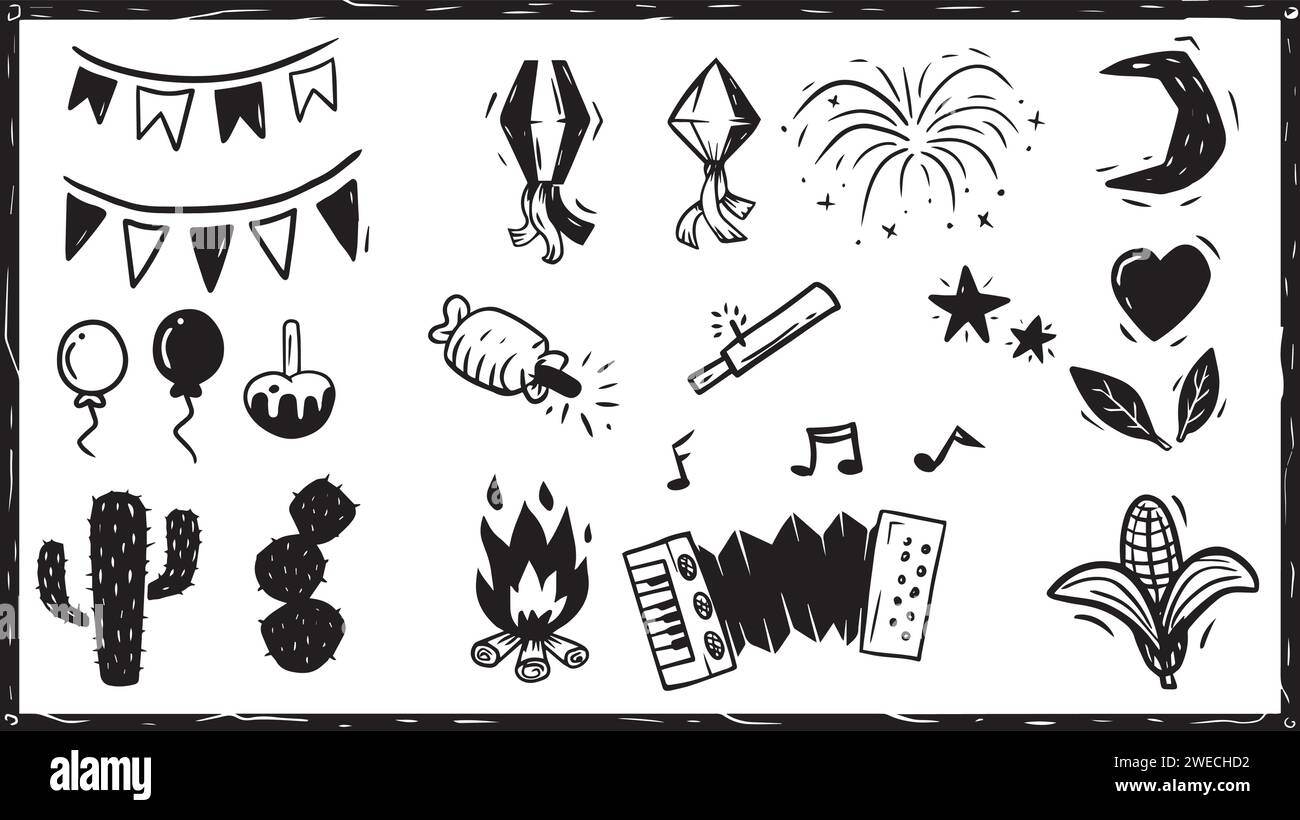 Festa Junina Symbolset. Vektoren im Holzschnitt Stock Vektor