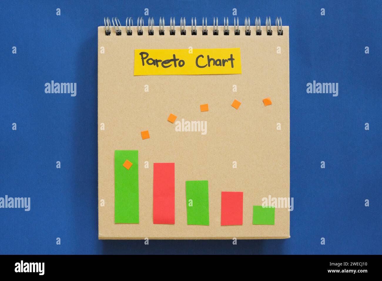 Pareto-Diagramm-Ursachenanalyse-Tool auf einem Notizblock mit Kopierraum für die Problemlösung. Infografik. Stockfoto