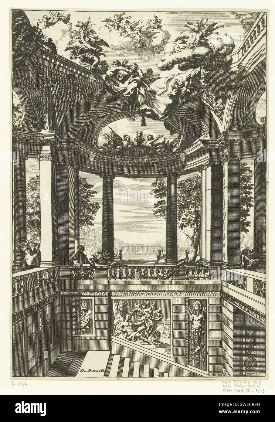 Trompe -l'oeil Dekoration für ein Treppenhaus, Anonym, nach Daniël Marot (I), nach 1703 - vor 1800 Druck die Wände sind durch ionische Pilaster und Säulen miteinander verbunden. Diese bilden die Grundlage für eine Architektur, auf der eine achteckige Balustrade ruht. Kopie der Serie Nouveaux Liure de Pintures de Salles et d'Escalliers übergeben. Eines von 6 Magazinen. Niederlande (möglicherweise) Papierätzung Stockfoto