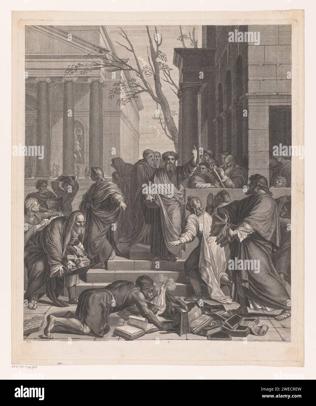Prediking van Paulus Te Ephese, Etienne Picart, nach Eustache Lesueur, 1686 Druckpapier Gravur / Radierung der Epheser brennen die Bücher der Exorzisten in der Öffentlichkeit Stockfoto