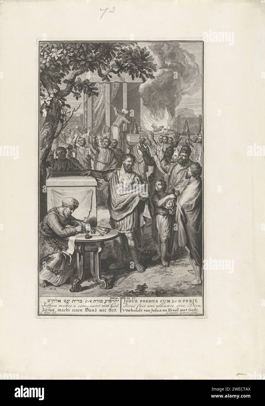 Vereinigung von Josua und Israel mit Gott, Gilliam van der Gouwen, nach Gerard Hoet (I), 1728 Druck Josua erneuert den Bund zwischen Gott und Israel. Er legt einen Gedenkstein am Tempel und hat die Gesetze und Regeln der Israeliten dokumentiert (Jos 24:25, 27). Ein Opfer im Hintergrund. Der Druck hat hebräische, lateinische, französische, englische, deutsche und niederländische Untertitel. Druckerei: Amsterdampublisher: Der Haager Papierstich Joshua erneuert den Bund; ein großer Gedenkstein wird errichtet Stockfoto