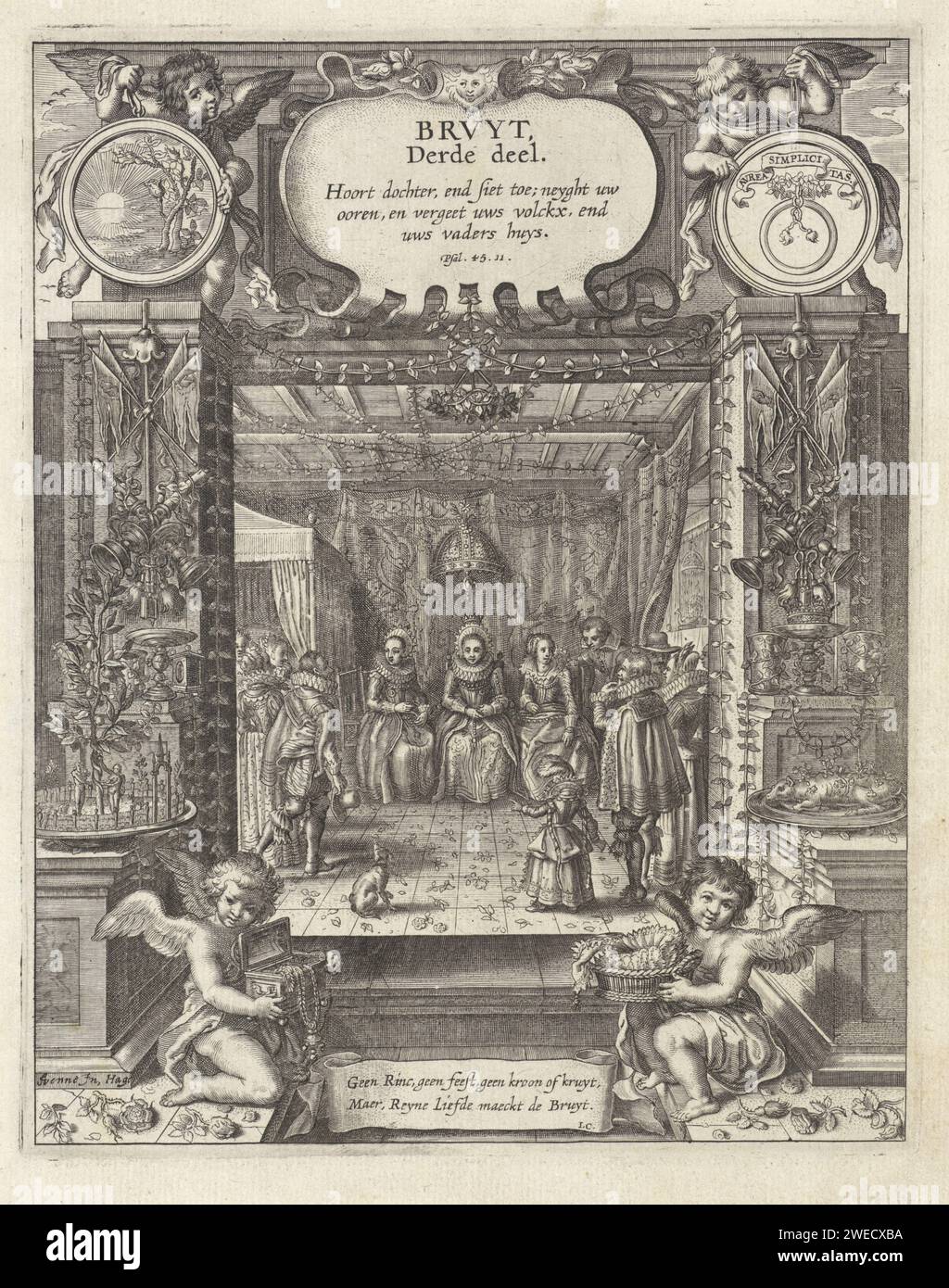 Braut während ihrer Hochzeitsfeier, Anonym, nachdem Adriaen Pietersz van de Venne, 1625–1635 Eine Braut gedruckt hat, flankiert von zwei Frauen, die während ihrer Hochzeitsfeier auf einem Stuhl sitzen. Im Innern weitere Männer und Frauen und ein Kind. Blumen liegen auf dem Boden. Im Vordergrund zwei Putten; einer mit einem Korb mit Spitze und der andere mit einer Schmuckschatulle. Zwischen ihnen in einer Banderole mit einem Text, der angibt, dass nur wahre Liebe eine Ehe macht und nicht Schmuck, einen Ring oder andere Erscheinungen. Middelburg Papierätzung / Gravur Hochzeitsfest, Hochzeitsmahl. Cupiden: 'amores', 'amoretti', 'Putti'. Stickerei Stockfoto