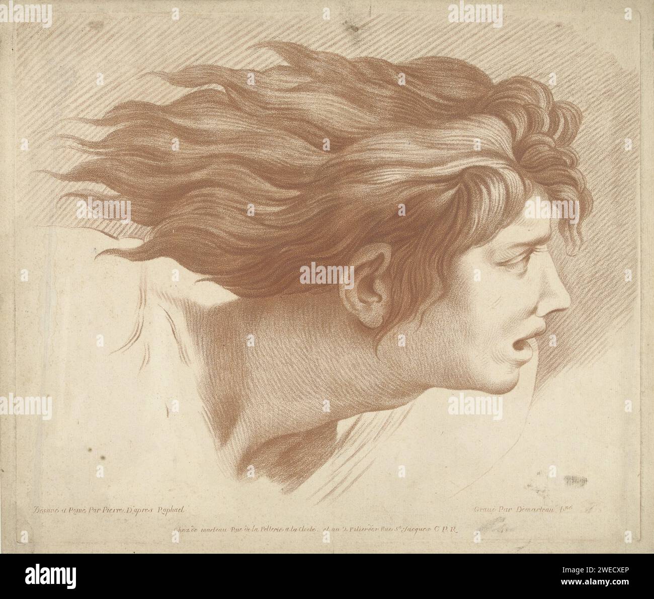 Kopf des Mannes mit wellendem Haar, Gilles Demarteau, nach Rafaël, nach Pierre, 1732 - 1776 Druck Paris Papier-Ätzkopf nach rechts gedreht Stockfoto