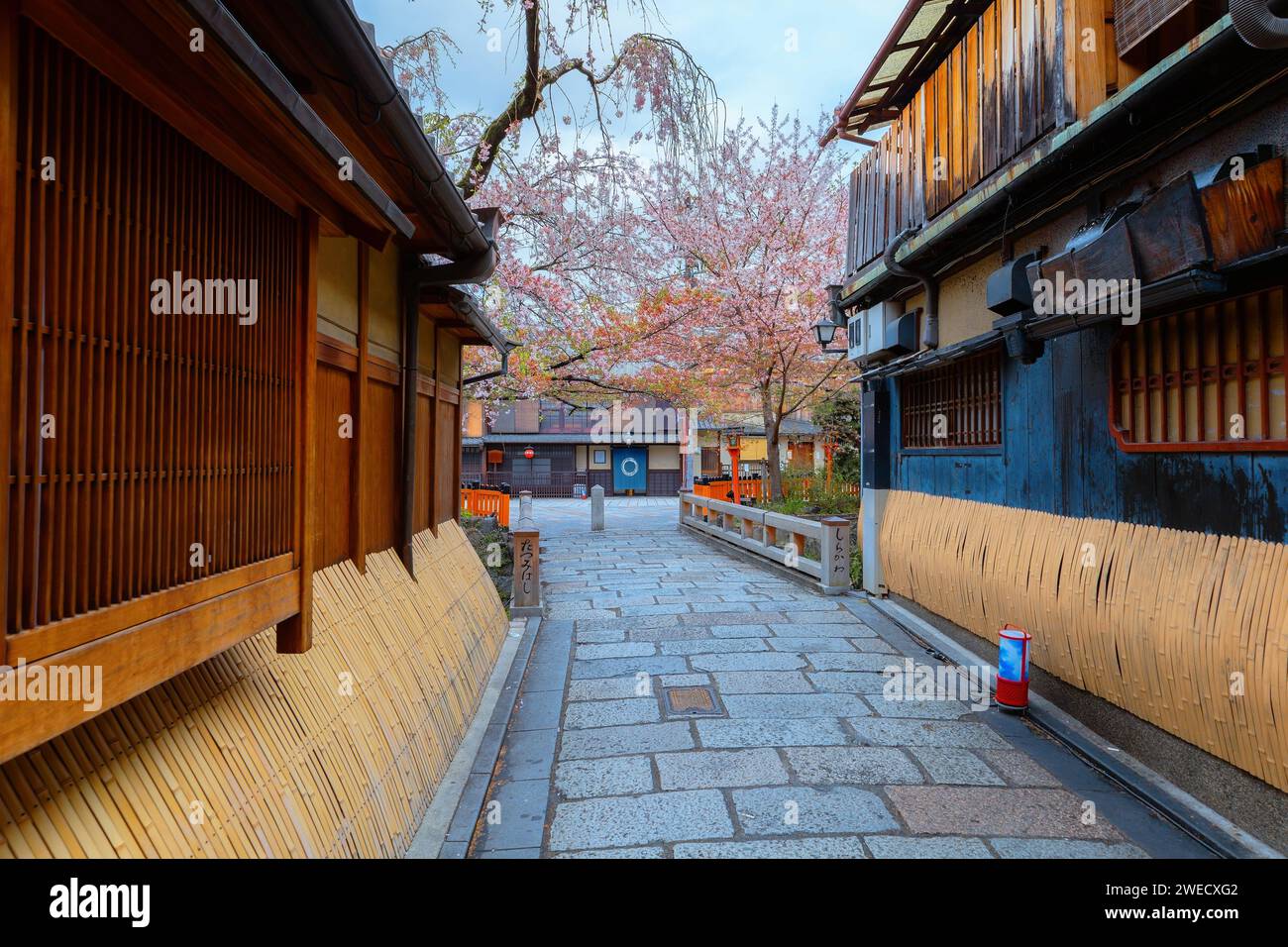 Kyoto, Japan - 6. April 2023: Die Tatsumi-Bashi-Brücke ist der berühmte Ort des Stadtteils Gion. Es ist eine kleine Brücke, die den Fluss Shirakawa überquert Stockfoto