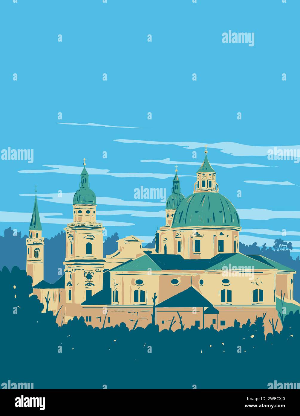 WPA-Plakatkunst des Salzburger Doms oder des Domes der Heiligen Rupert und Vergilius am Domplatz in der Altstadt von Salzburg, Österreich Stockfoto