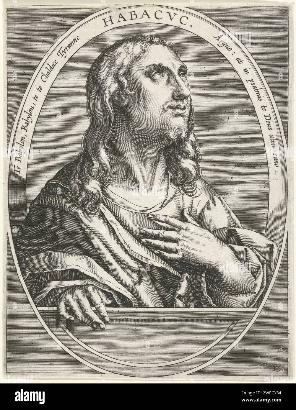 Habakuk, Cornelis Galle (I), nach Jan van der Straet, 1613 Druck des Propheten Habakkuk, in Oval mit lateinischem Rand. Der Prophet hat seine Augen nach oben gerichtet. Antwerpener Papiergravur männlicher Personen aus dem Alten Testament (mit NAMEN) (nicht im biblischen Kontext) Stockfoto