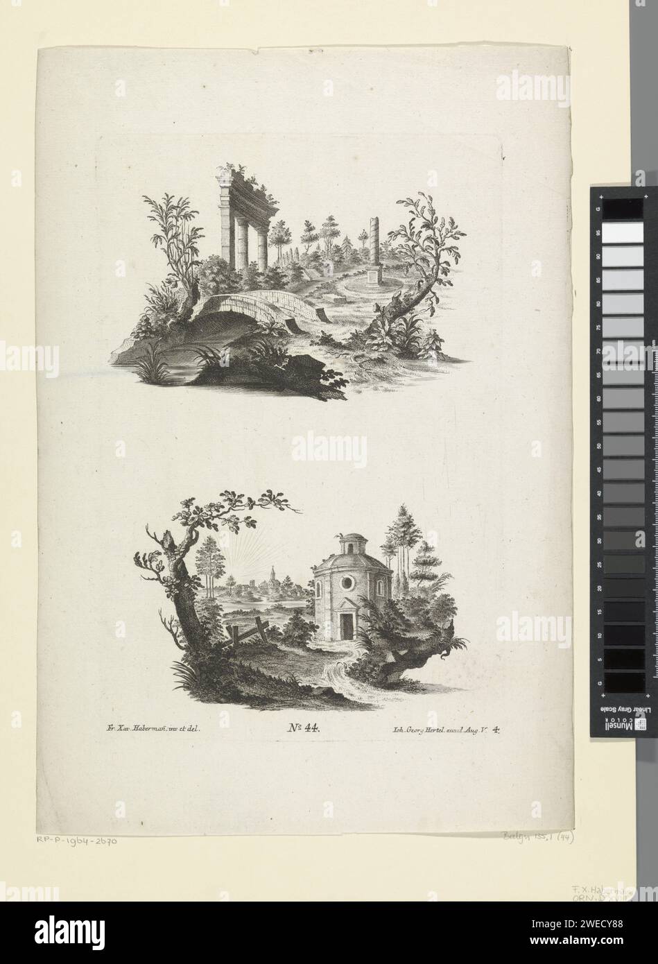 Landscreen traf Breg Eyes, Emanel Eyel, nachdem Frank Xaver Hervelman, 1731–1775 zwei dekorative Landschaften gedruckt hatte. Über einer Landschaft mit Säulen und Brücke über den Fluss. Ein rundes Gebäude in der unteren Landschaft. Veröffentlichungsnummer 44. Augsburger Papierätzlandschaften. Säule, Säule  Architektur. Ideale und visionäre Architektur Stockfoto