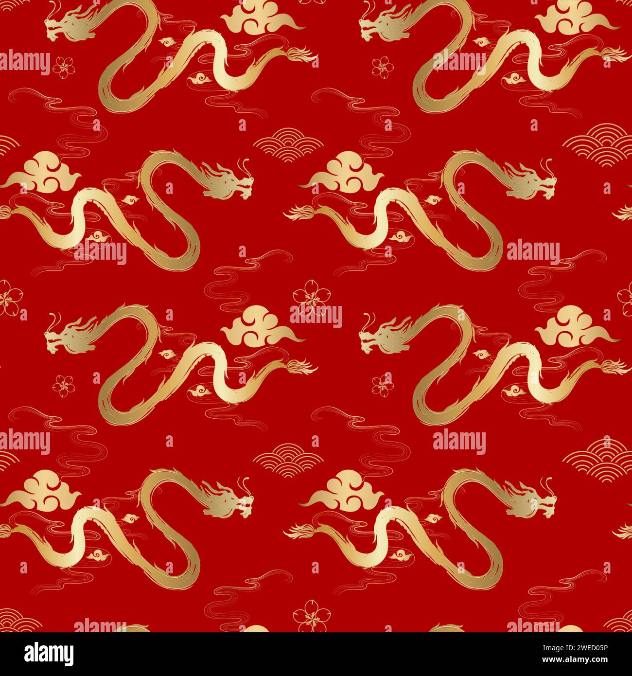 Chinesischer goldener Drache des Neujahrs mit nahtlosem Muster der örientalen Dekoration auf rotem Hintergrund, Vektordesign Stock Vektor